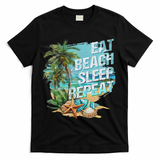 Eat Sleep Beach Repeat Summer Vacation Tropical Beach Design T-Shirt - Black