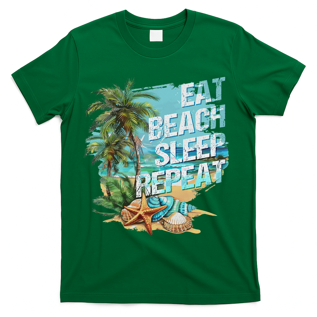 Eat Sleep Beach Repeat Summer Vacation Tropical Beach Design T-Shirt - Green