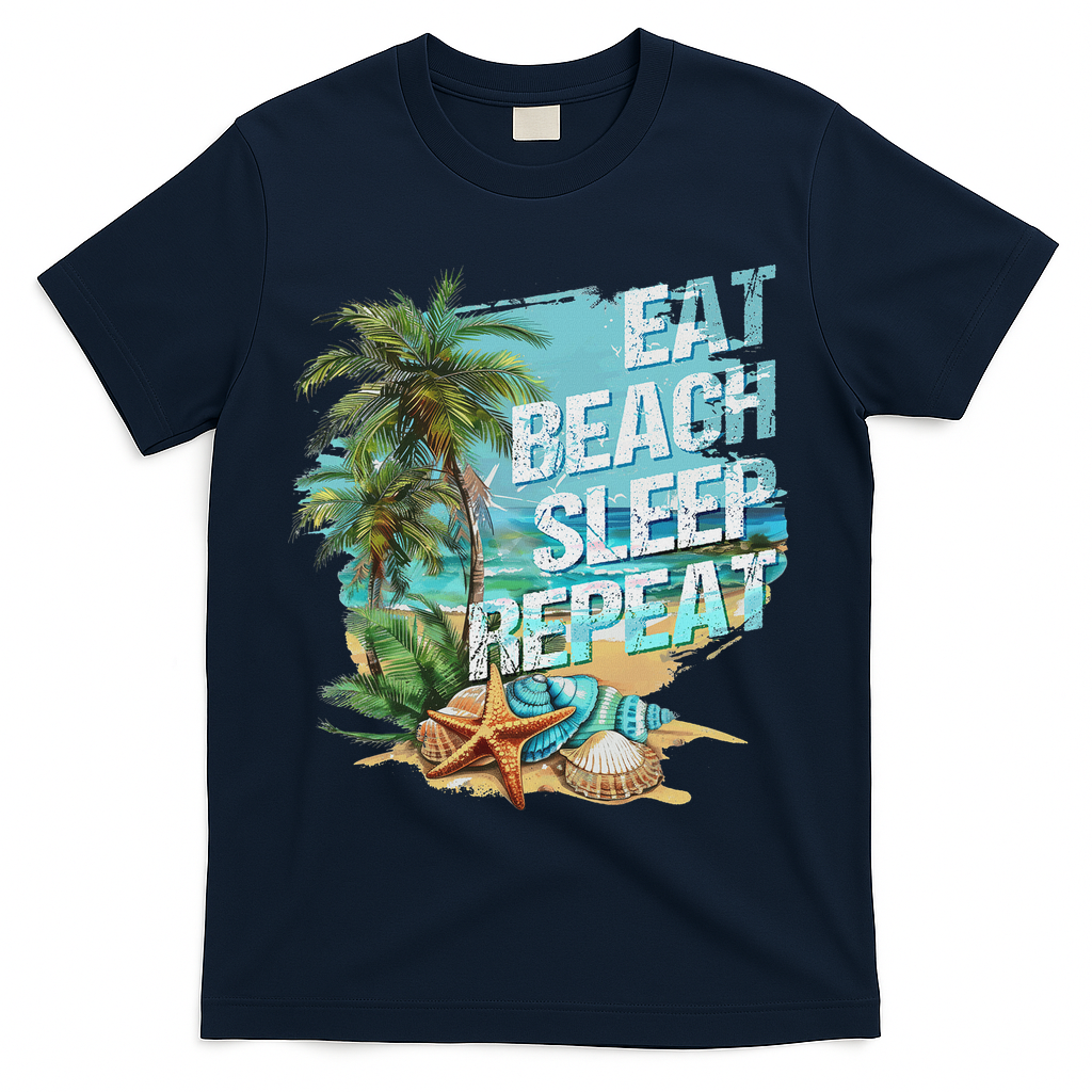 Eat Sleep Beach Repeat Summer Vacation Tropical Beach Design T-Shirt - Navy