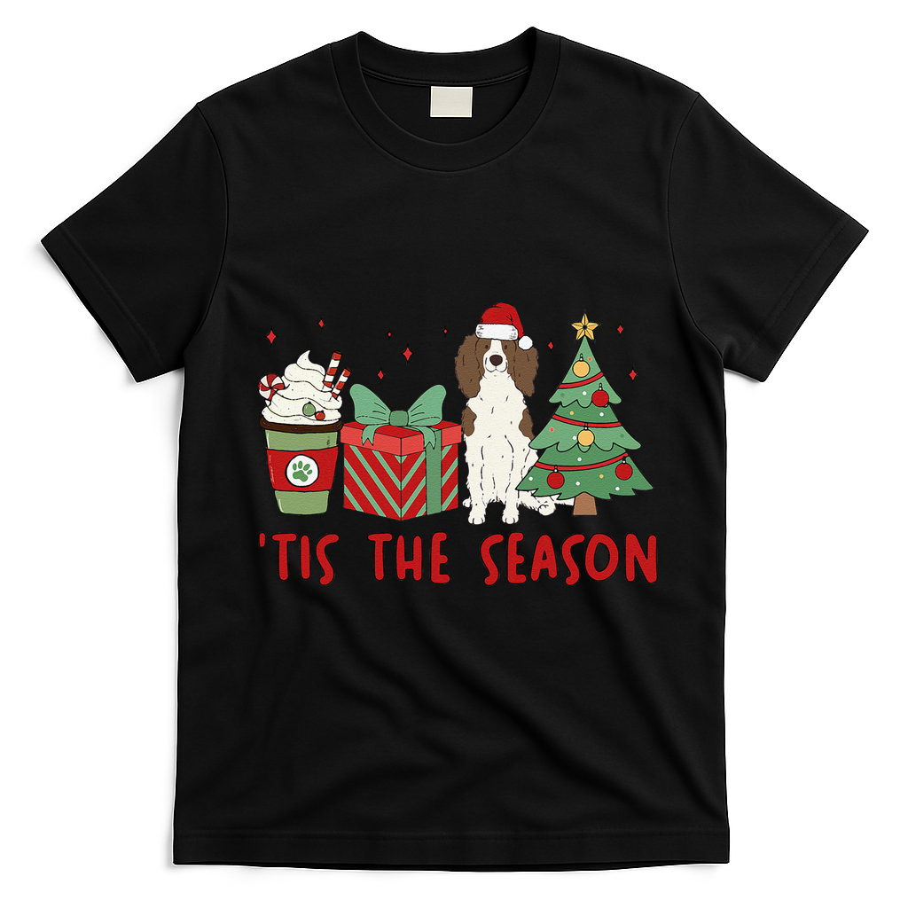 English Springer Spaniel Christmas Tis The Season Holiday T-Shirt - Black