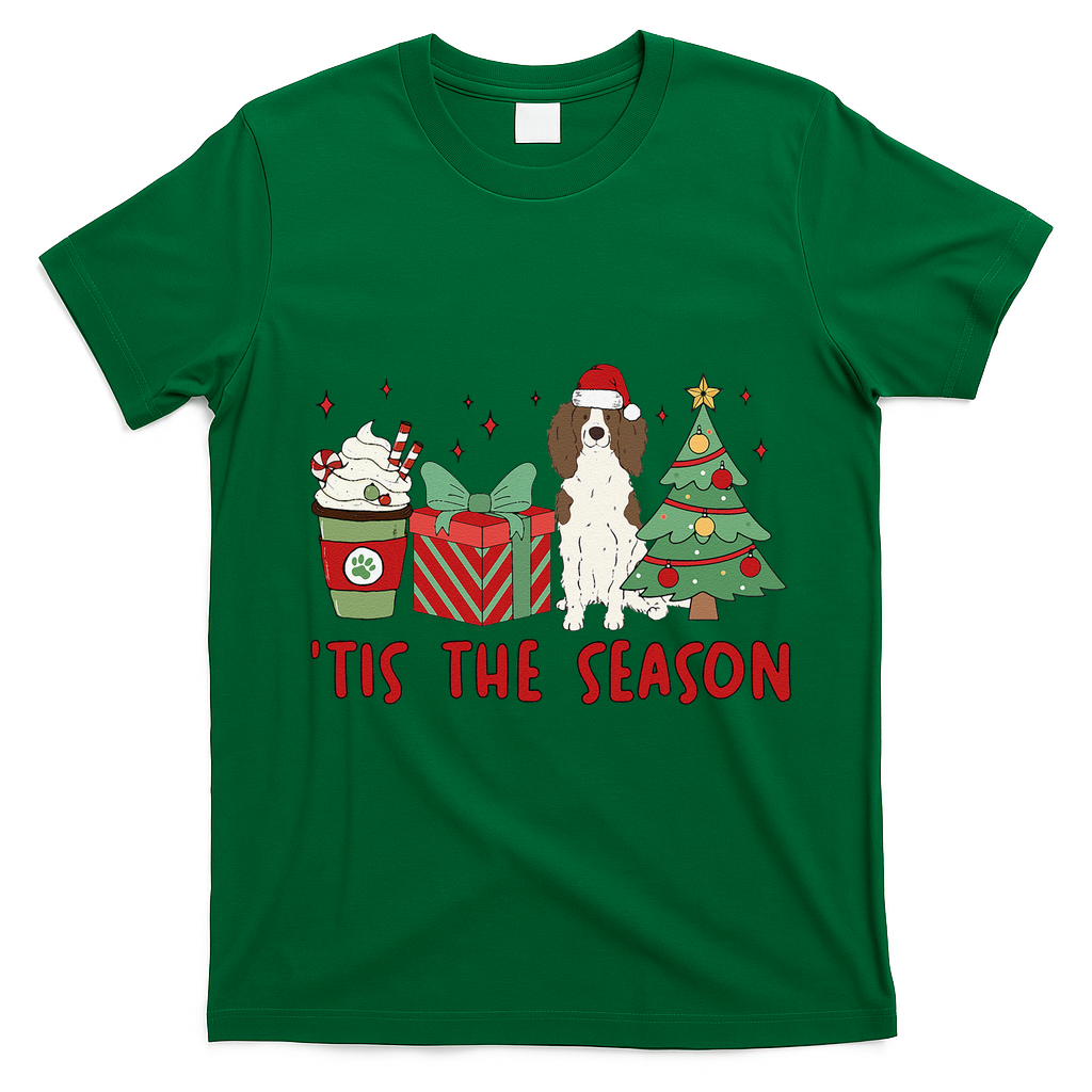 English Springer Spaniel Christmas Tis The Season Holiday T-Shirt - Irish Green