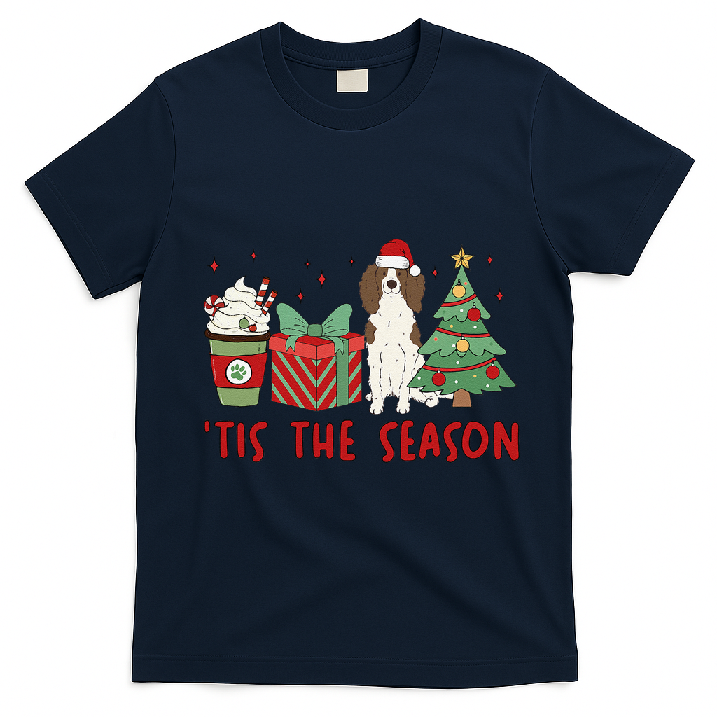 English Springer Spaniel Christmas Tis The Season Holiday T-Shirt - Navy Blue