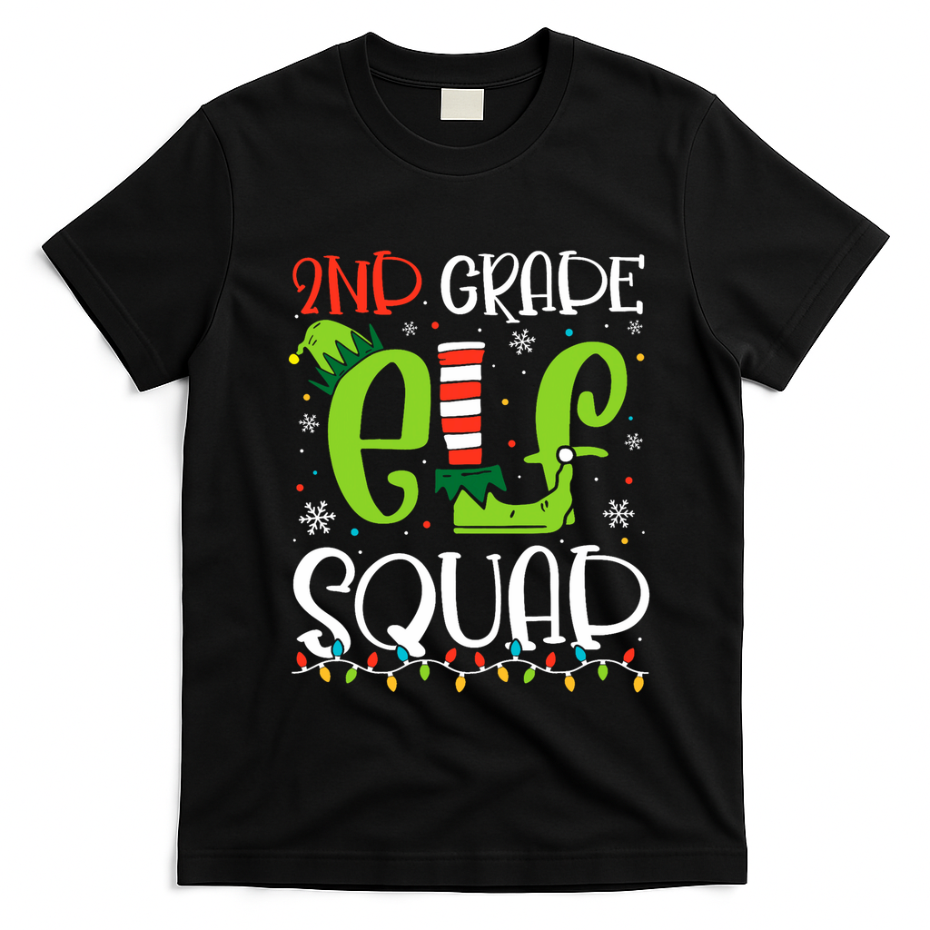 Elf Squad Second Grade Teacher Christmas 2nd Grade Teacher T-Shirt - Black