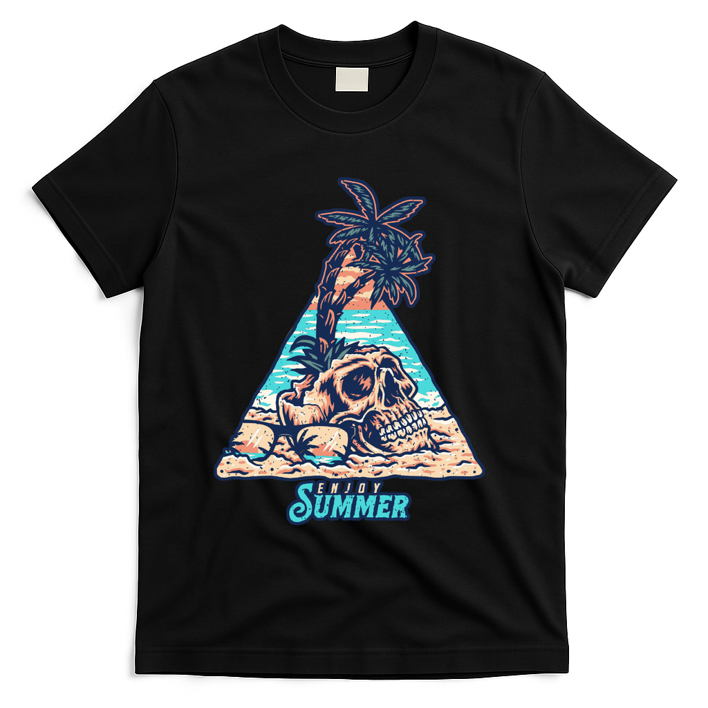 Enjoy Tropical Summer Vacation Skull T-Shirt - Black