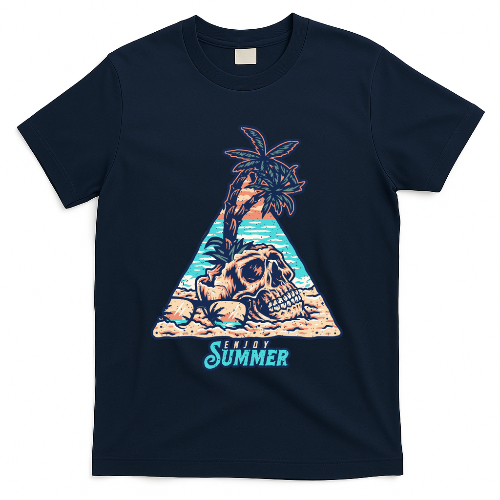 Enjoy Tropical Summer Vacation Skull T-Shirt - Navy
