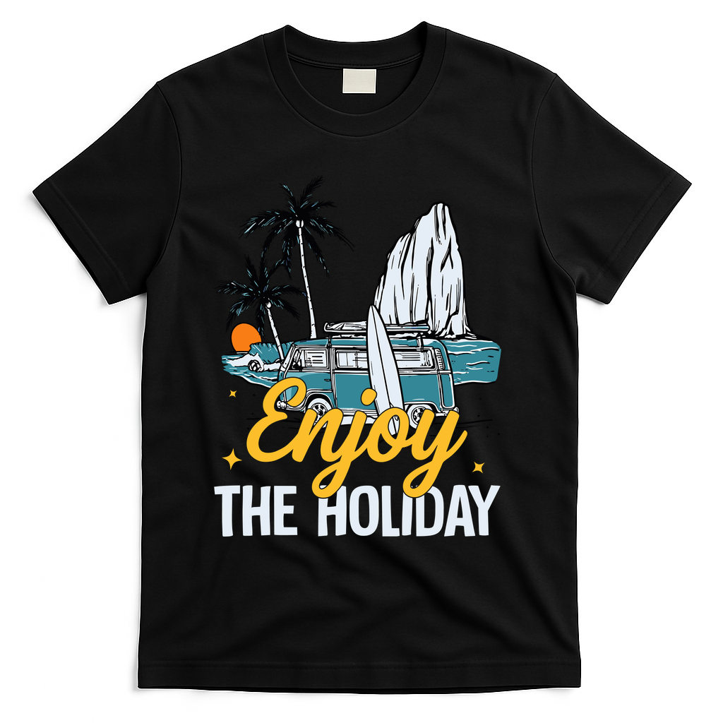 Enjoy The Holiday Summer Beach Palm Hawaiian T-Shirt - Black