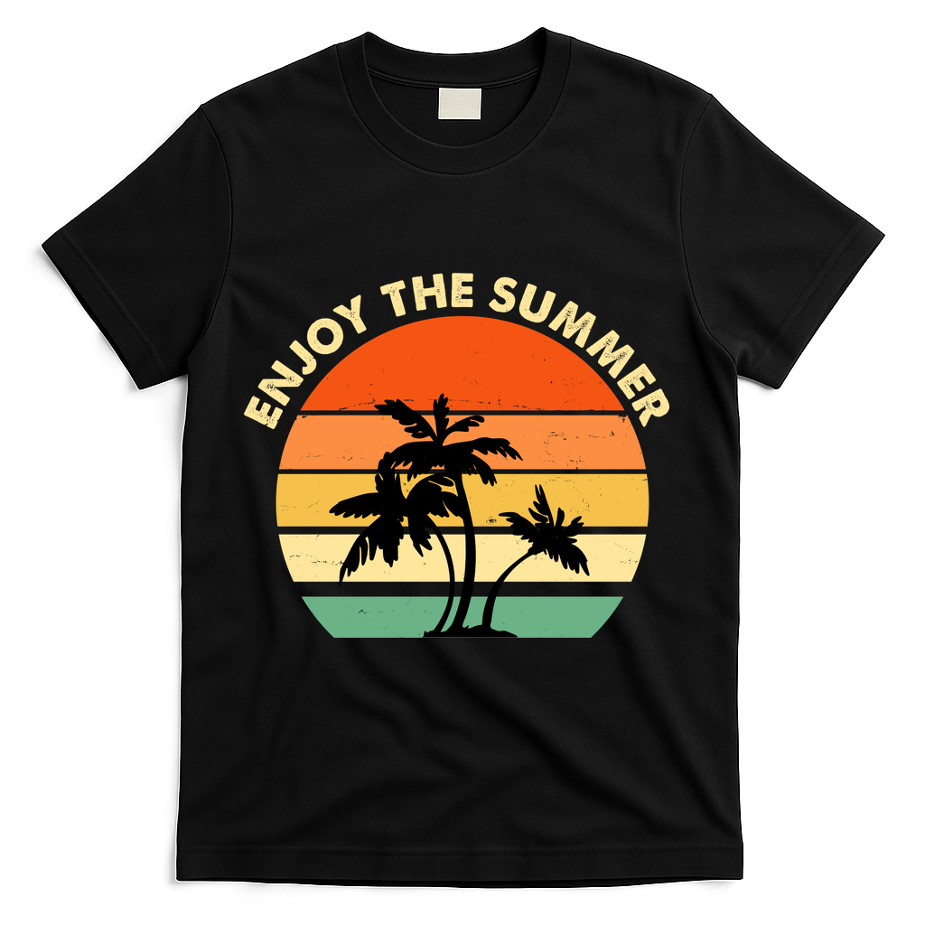 Enjoy The Summer Retro Sunset Palm Tree T-Shirt - Black