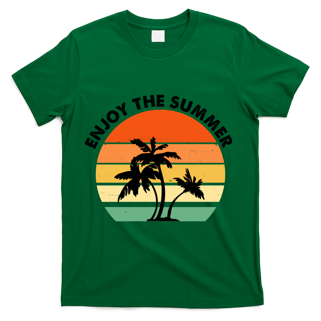 Enjoy The Summer Retro Sunset Palm Tree T-Shirt - Green