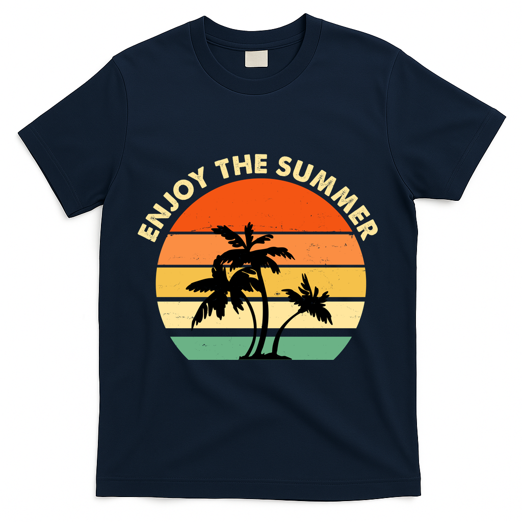 Enjoy The Summer Retro Sunset Palm Tree T-Shirt - Navy