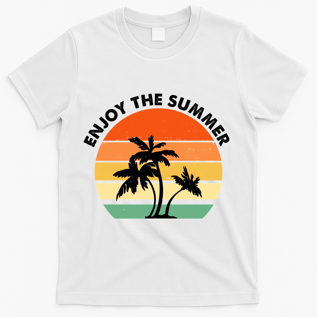 Enjoy The Summer Retro Sunset Palm Tree T-Shirt - White