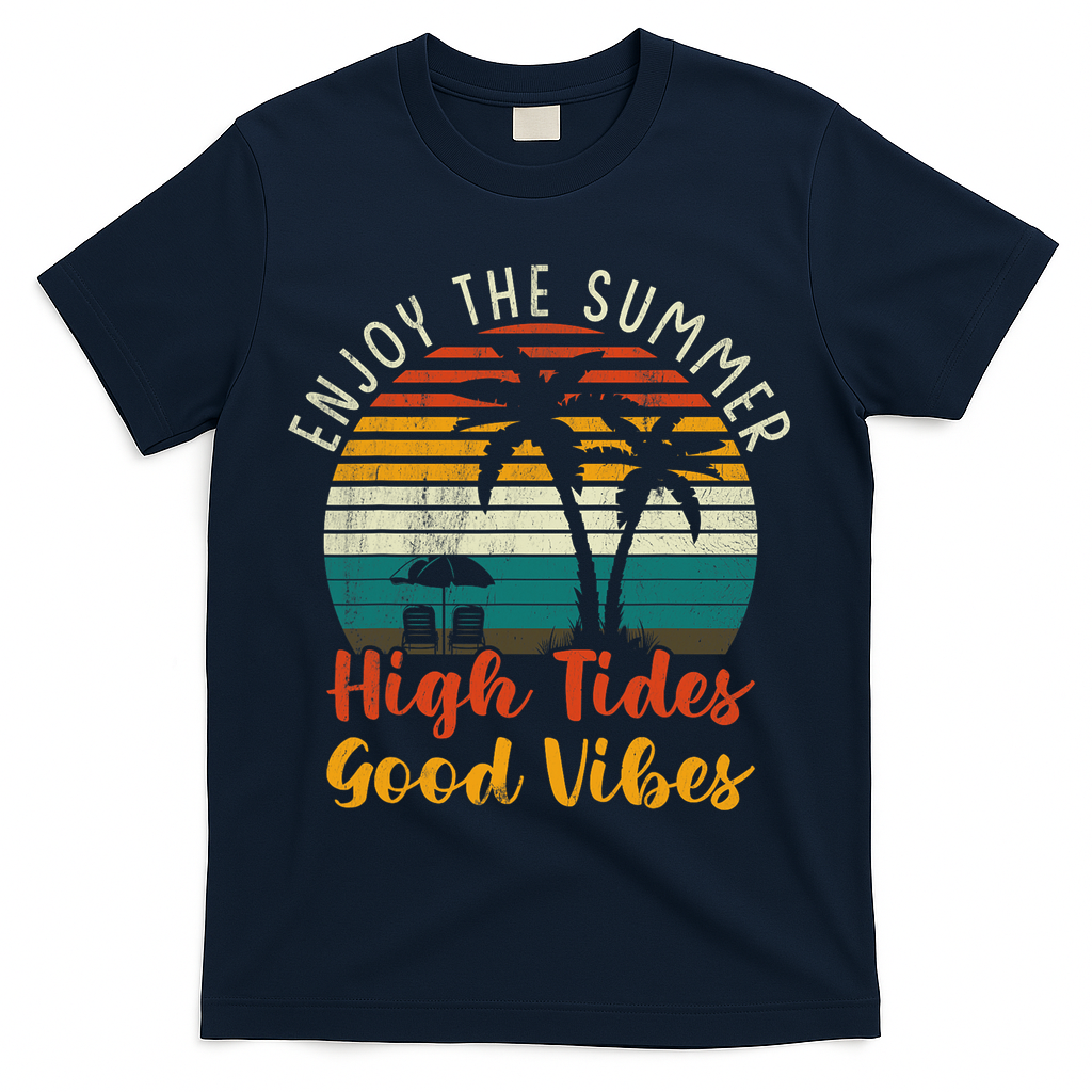 Enjoy The Summer High Tides Good Vibes T-Shirt - Navy