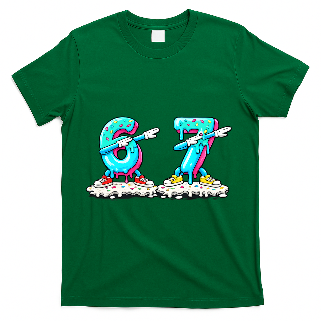 Funny 67 Meme Six Seven 6-7 Meme Ice Cream Drip T-Shirt - Green