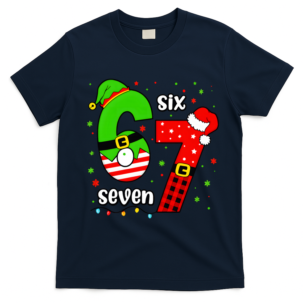 Funny 6-7 Six Seven Christmas Elf Santa Xmax 67 T-Shirt - Navy Blue