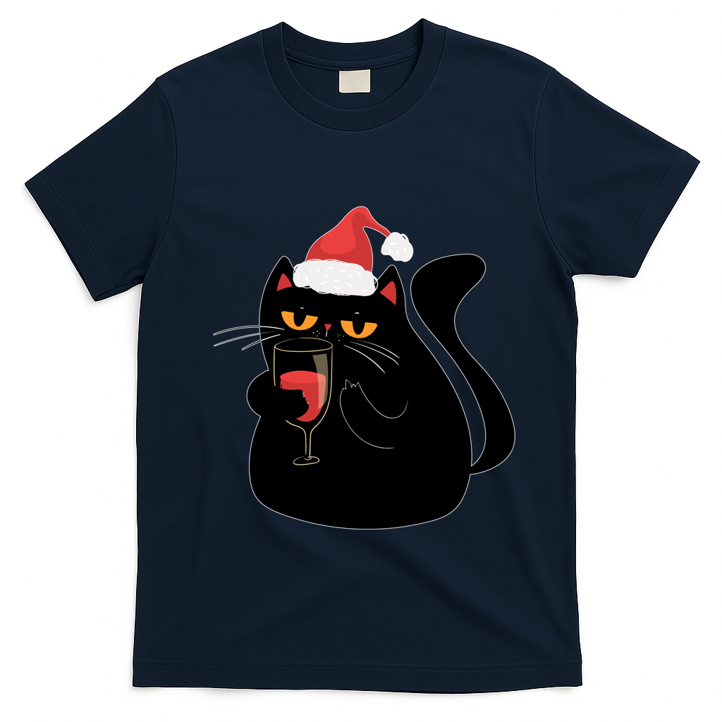 Funny Anti Christmas Drinking Grumpy Cat Flipping Bird T-Shirt - Navy Blue