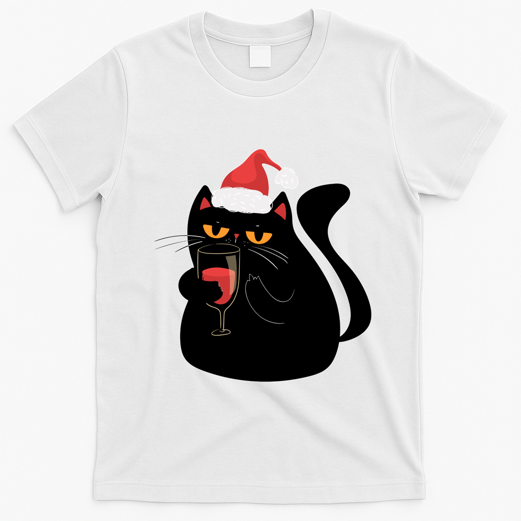 Funny Anti Christmas Drinking Grumpy Cat Flipping Bird T-Shirt - White
