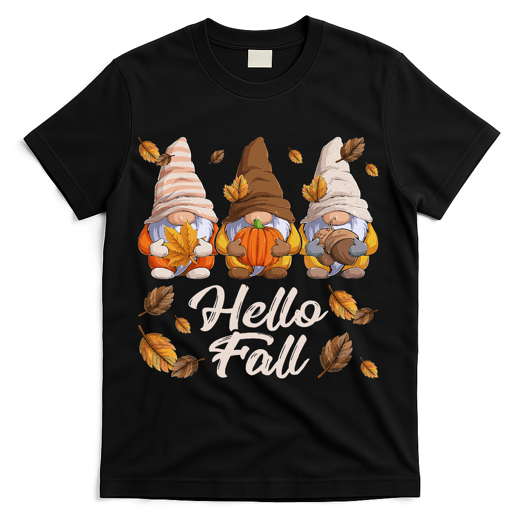 Funny Autumn Gnomes Autumn Leaves Hello Fall  T-Shirt - Black