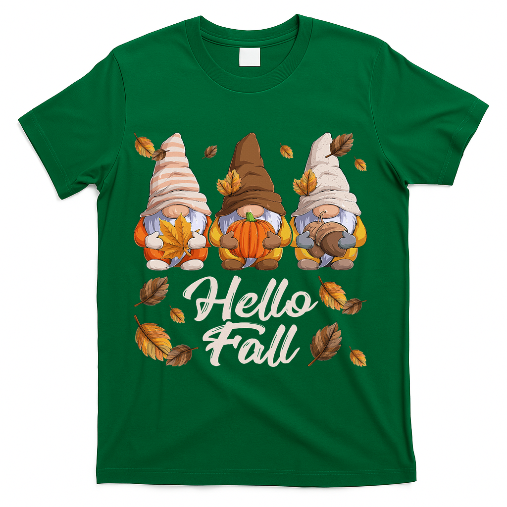 Funny Autumn Gnomes Autumn Leaves Hello Fall  T-Shirt - Green