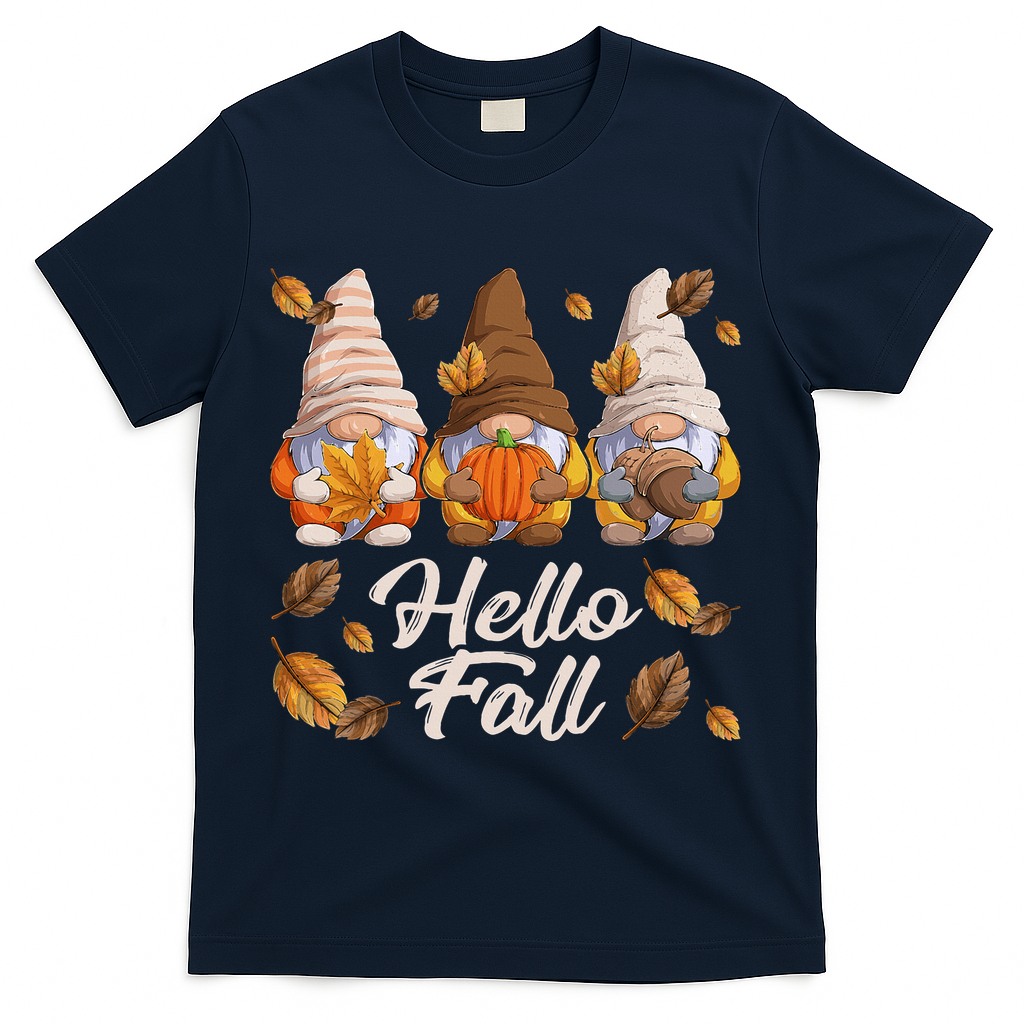 Funny Autumn Gnomes Autumn Leaves Hello Fall  T-Shirt - Navy