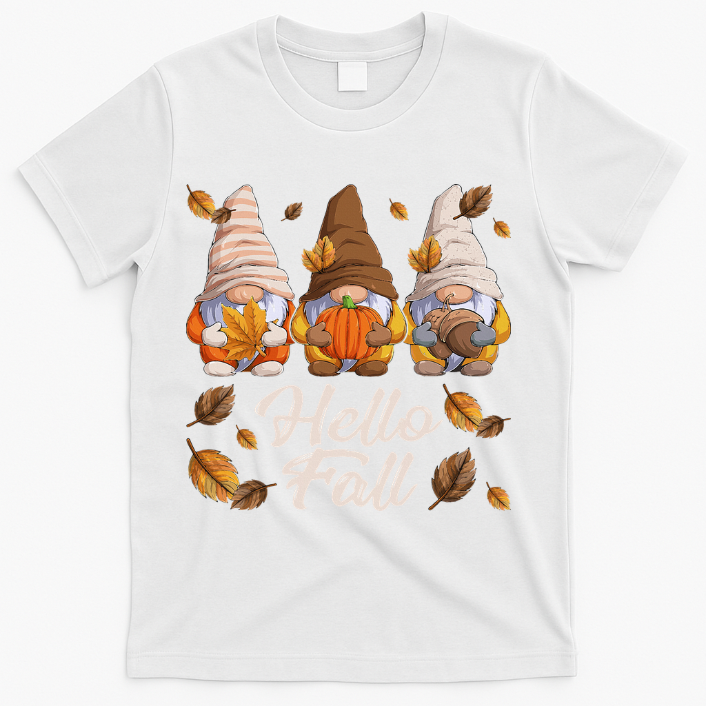 Funny Autumn Gnomes Autumn Leaves Hello Fall  T-Shirt - White