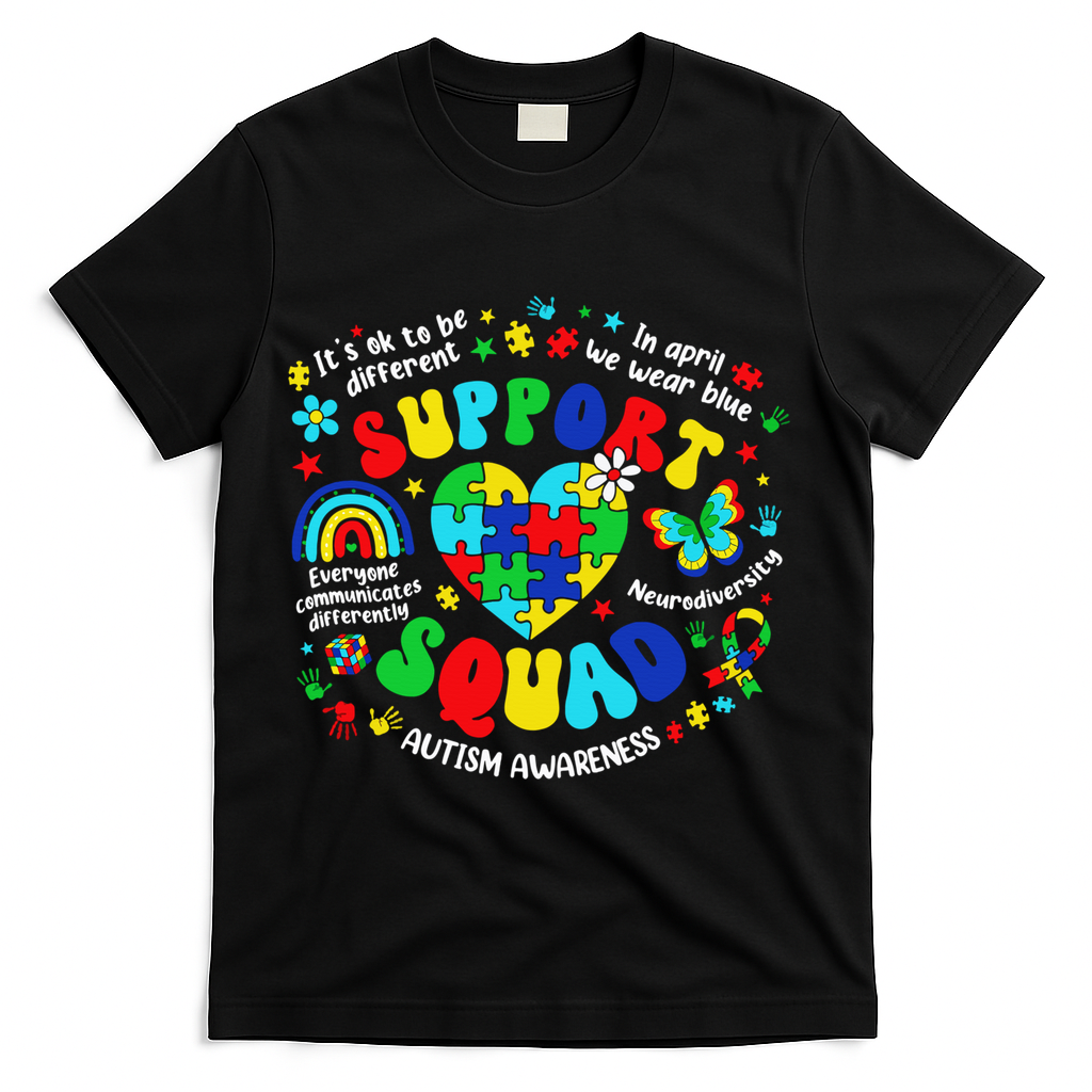 Family Autism Support Squad Autism Awareness Sped Teacher T-Shirt - Black