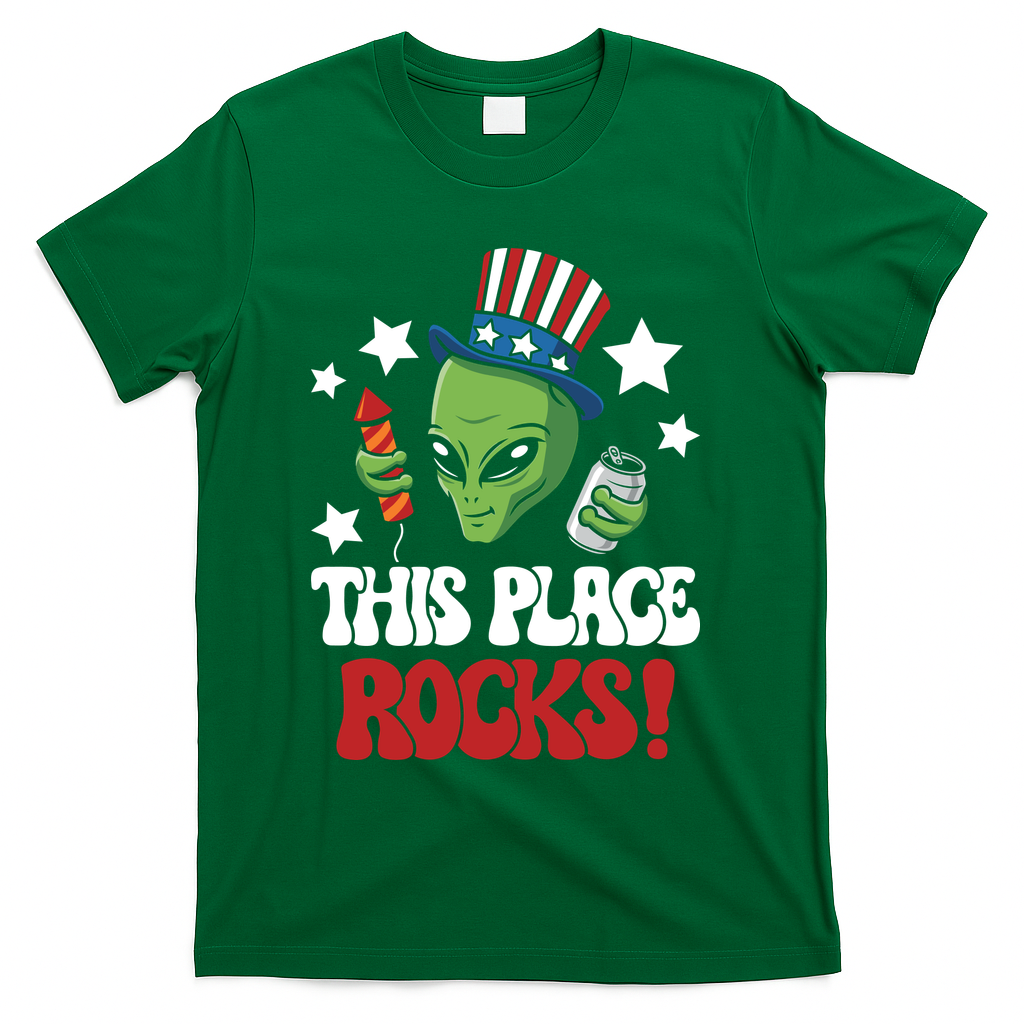 Funny Alien Uncle Sam Rocks Fireworks Party Gift T-Shirt - Green