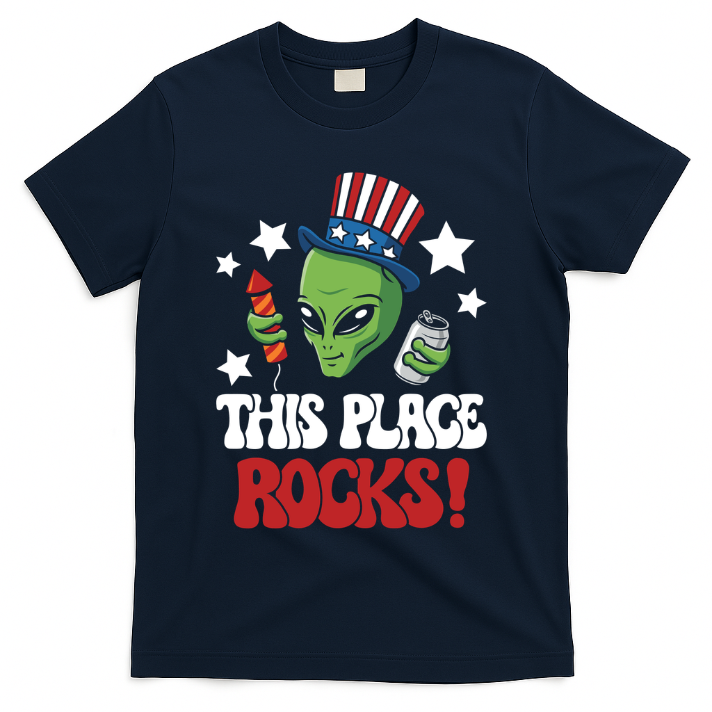 Funny Alien Uncle Sam Rocks Fireworks Party Gift T-Shirt - Navy