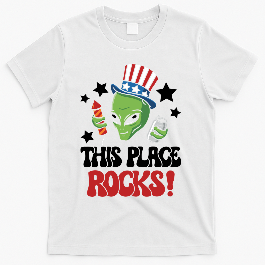 Funny Alien Uncle Sam Rocks Fireworks Party Gift T-Shirt - White