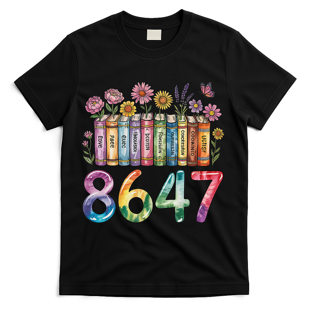Floral Bookshelf 8647 Inclusion And Love Teacher T-Shirt - Black