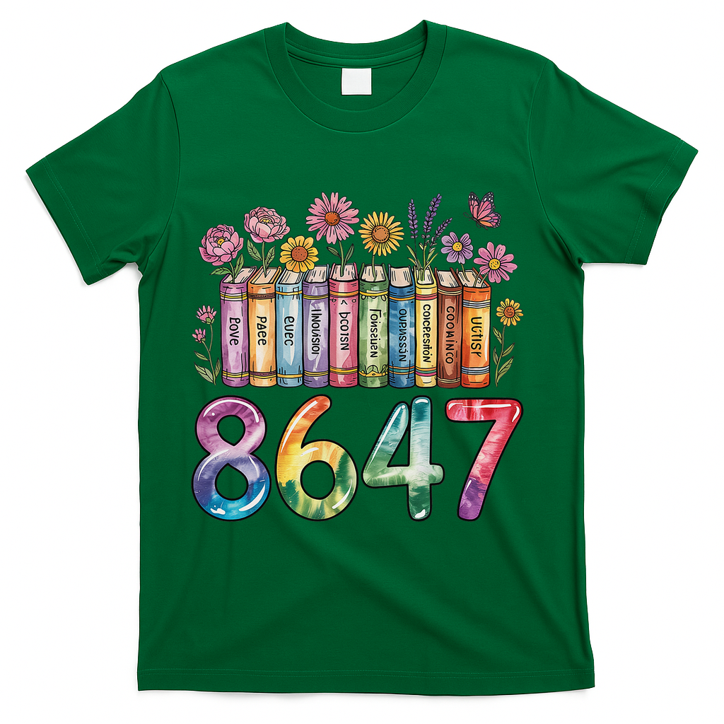 Floral Bookshelf 8647 Inclusion And Love Teacher T-Shirt - Green