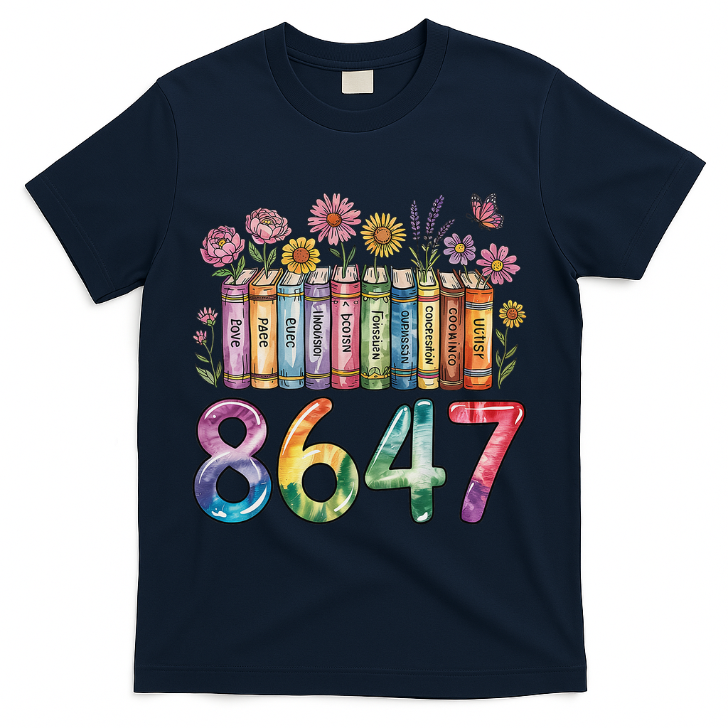 Floral Bookshelf 8647 Inclusion And Love Teacher T-Shirt - Navy