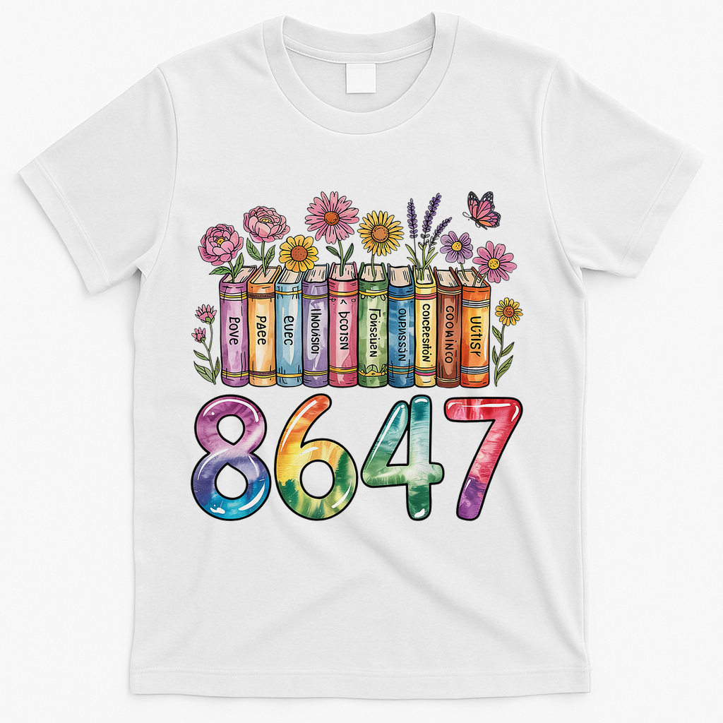 Floral Bookshelf 8647 Inclusion And Love Teacher T-Shirt - White