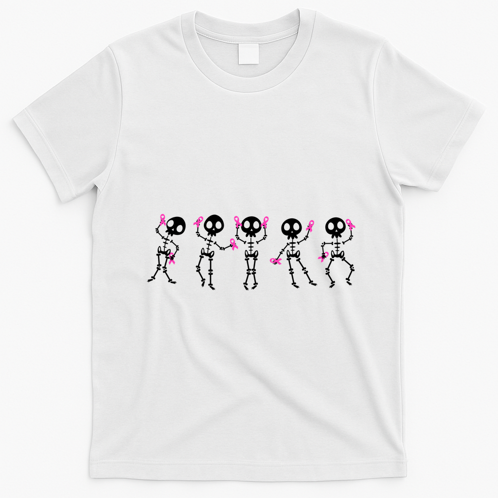Funny Breast Cancer Awareness Dancing Halloween Skeletons T-Shirt - White