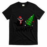 Funny Black Cat Gift Pushing Christmas Tree Over Cat What? Gift T-Shirt - Black