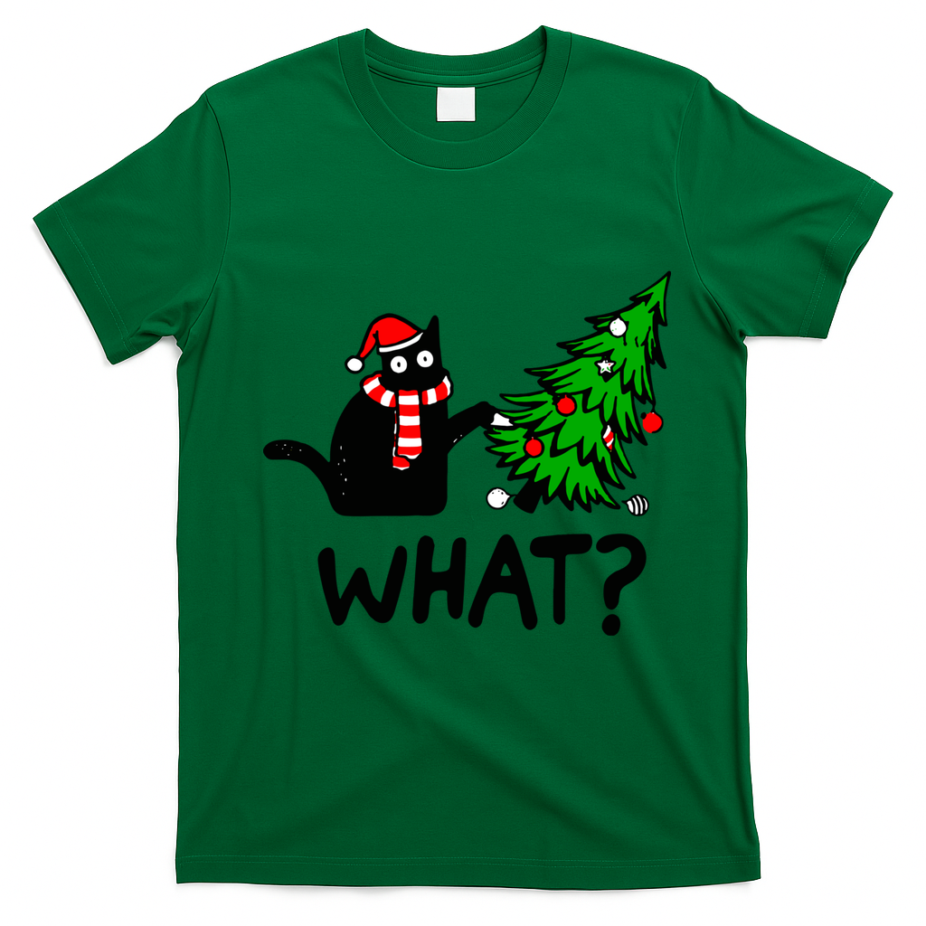 Funny Black Cat Gift Pushing Christmas Tree Over Cat What? Gift T-Shirt - Irish Green