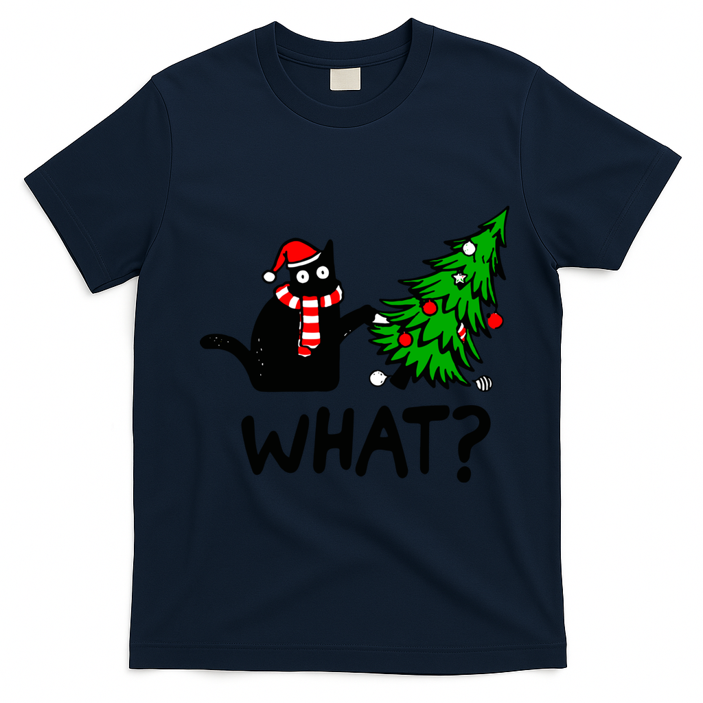 Funny Black Cat Gift Pushing Christmas Tree Over Cat What? Gift T-Shirt - Navy Blue