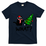 Funny Black Cat Gift Pushing Christmas Tree Over Cat What? Gift T-Shirt - Navy Blue