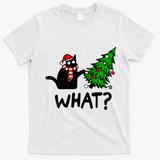 Funny Black Cat Gift Pushing Christmas Tree Over Cat What? Gift T-Shirt - White