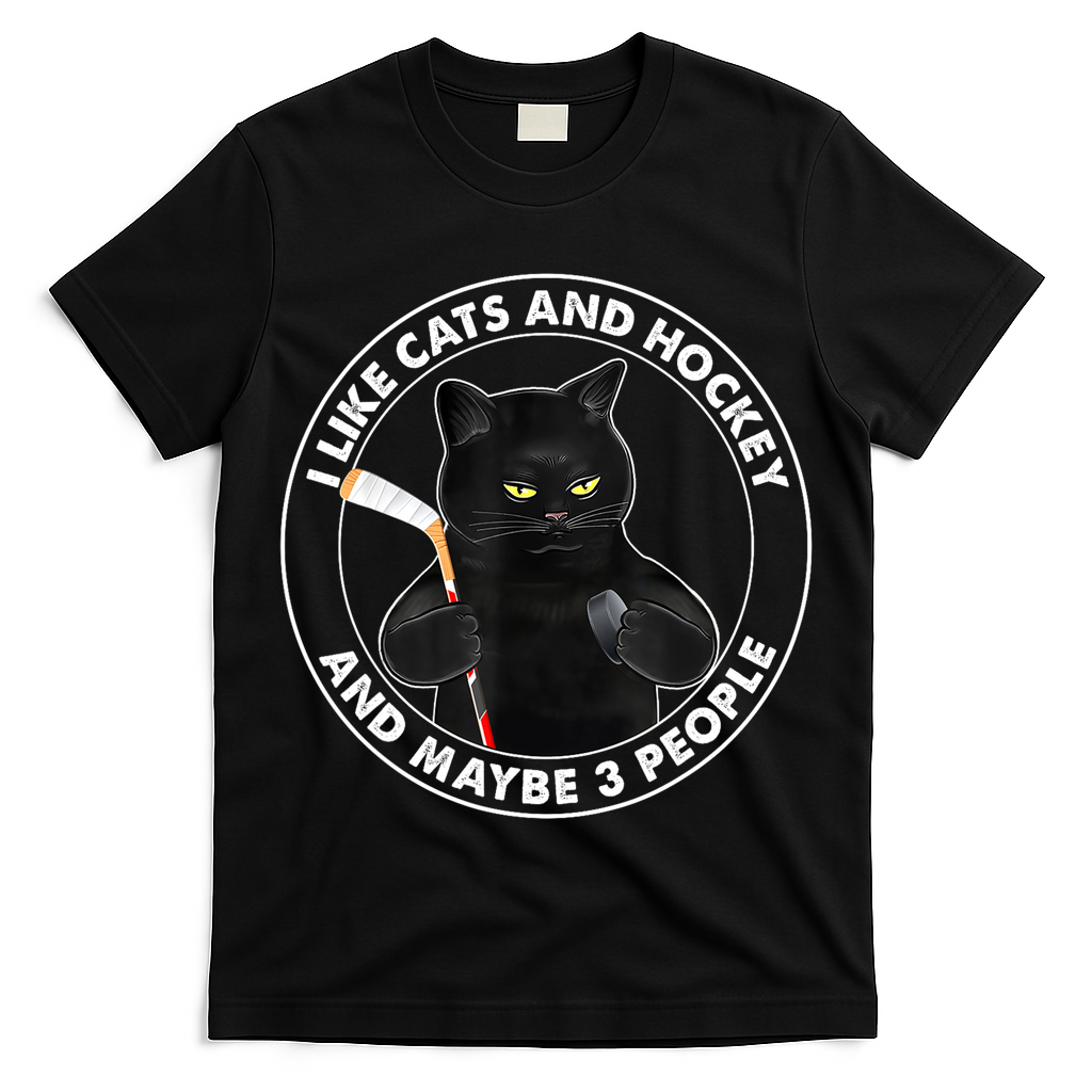 Funny Black Cat I Like Cats And Hockey And Maybe 3 People Gift T-Shirt