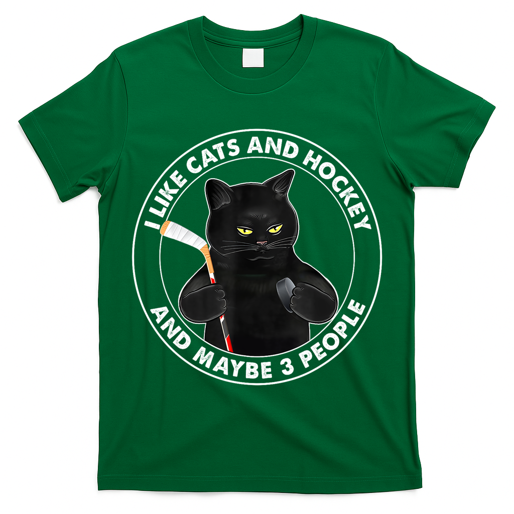 Funny Black Cat I Like Cats And Hockey And Maybe 3 People Gift T-Shirt