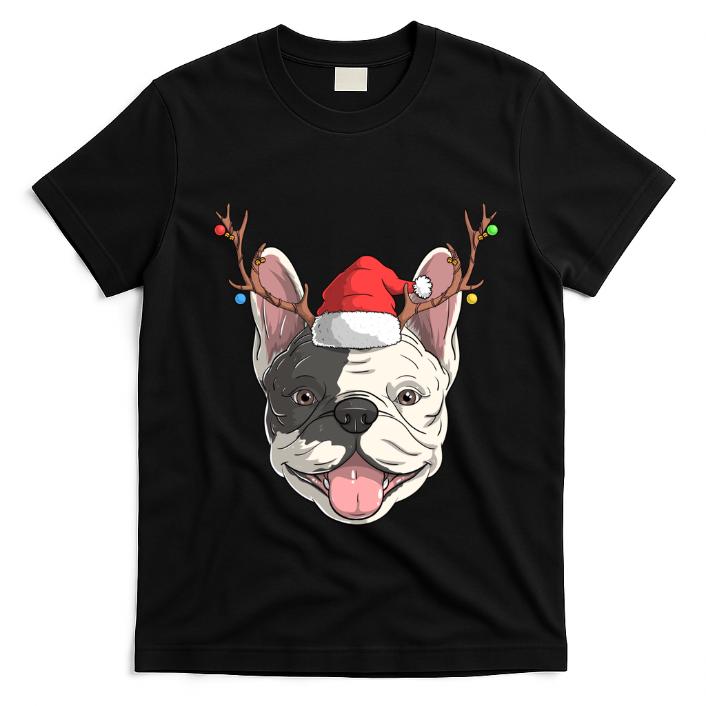 French Bulldog Dog Santa Claus Hat Christmas Xmas Reindeer Cool Gift T-Shirt - Black
