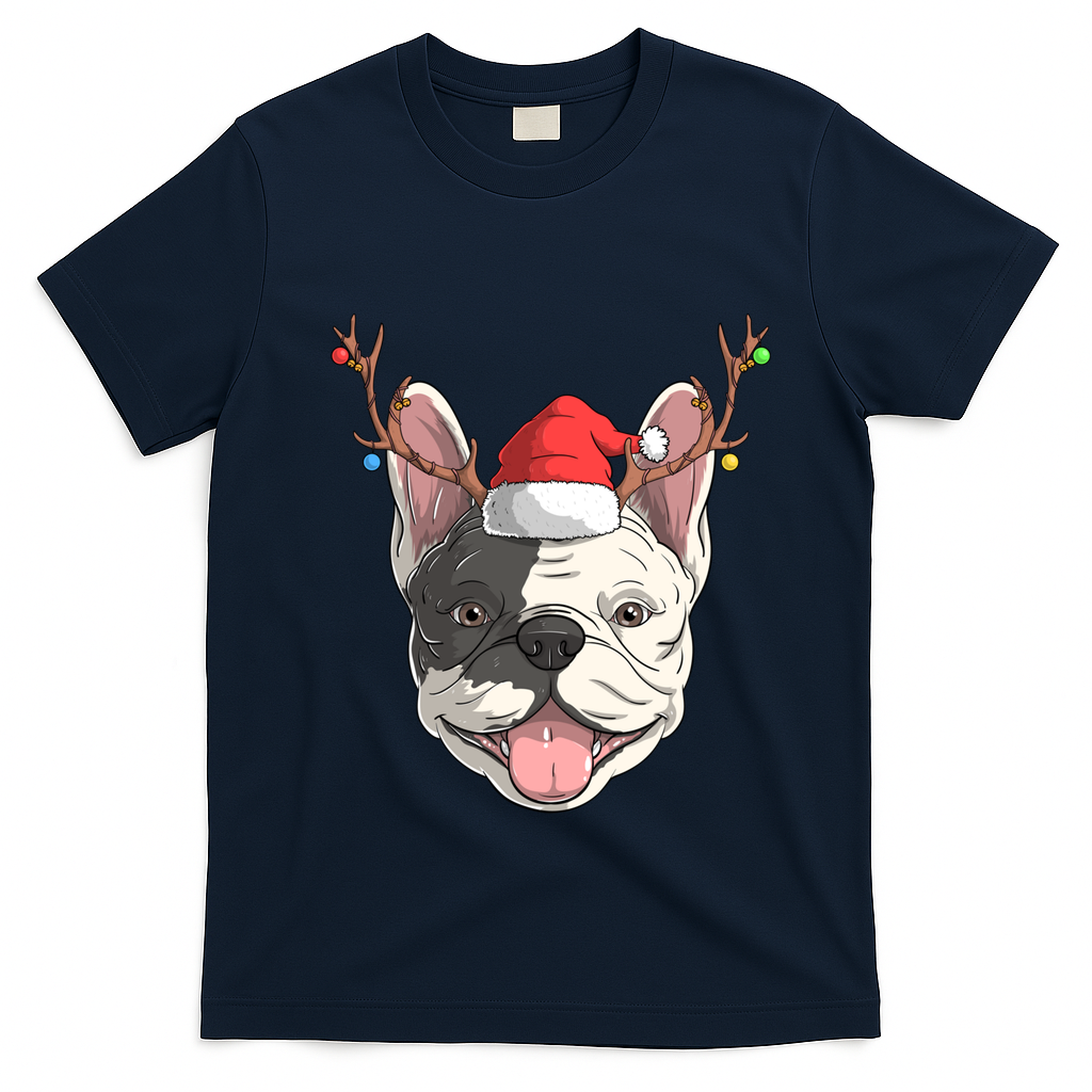 French Bulldog Dog Santa Claus Hat Christmas Xmas Reindeer Cool Gift T-Shirt - Navy Blue