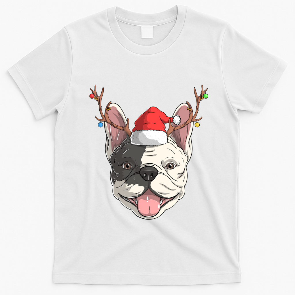 French Bulldog Dog Santa Claus Hat Christmas Xmas Reindeer Cool Gift T-Shirt - White