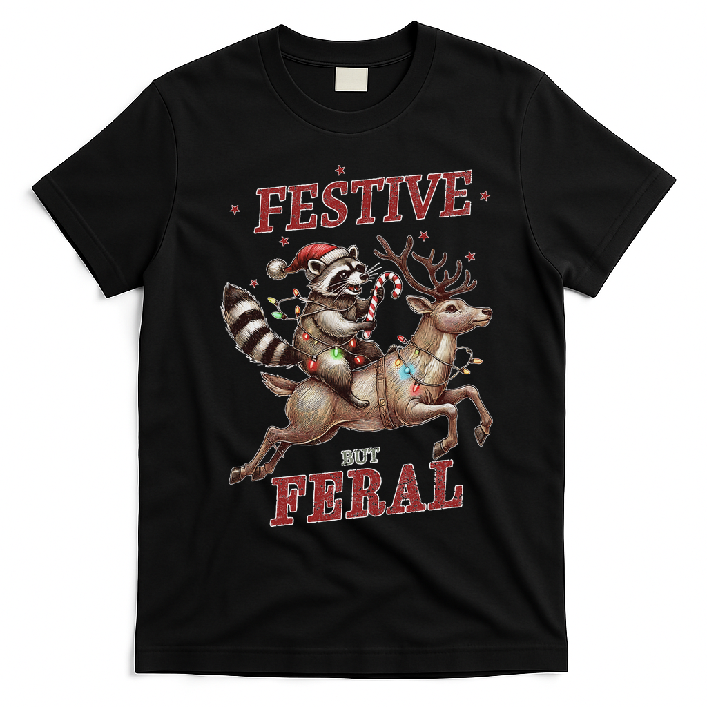 Festive But Feral Funny Christmas Raccoon Xmas Holiday T-Shirt - Black