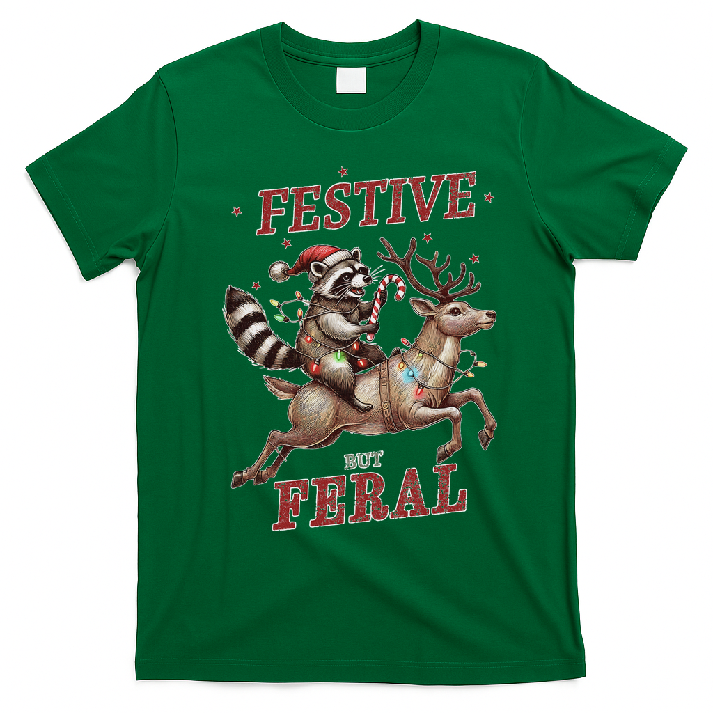 Festive But Feral Funny Christmas Raccoon Xmas Holiday T-Shirt - Irish Green