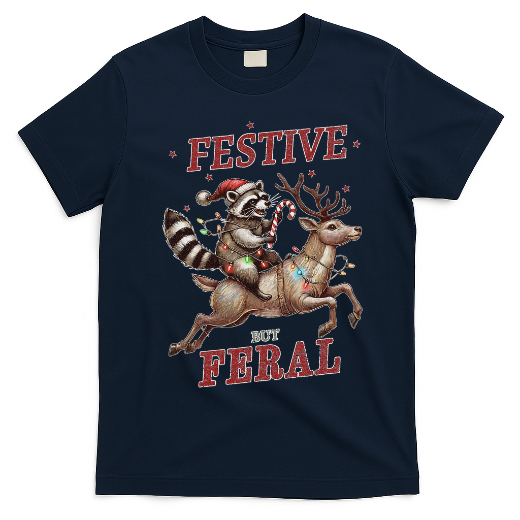 Festive But Feral Funny Christmas Raccoon Xmas Holiday T-Shirt - Navy Blue