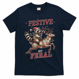 Festive But Feral Funny Christmas Raccoon Xmas Holiday T-Shirt - Navy Blue