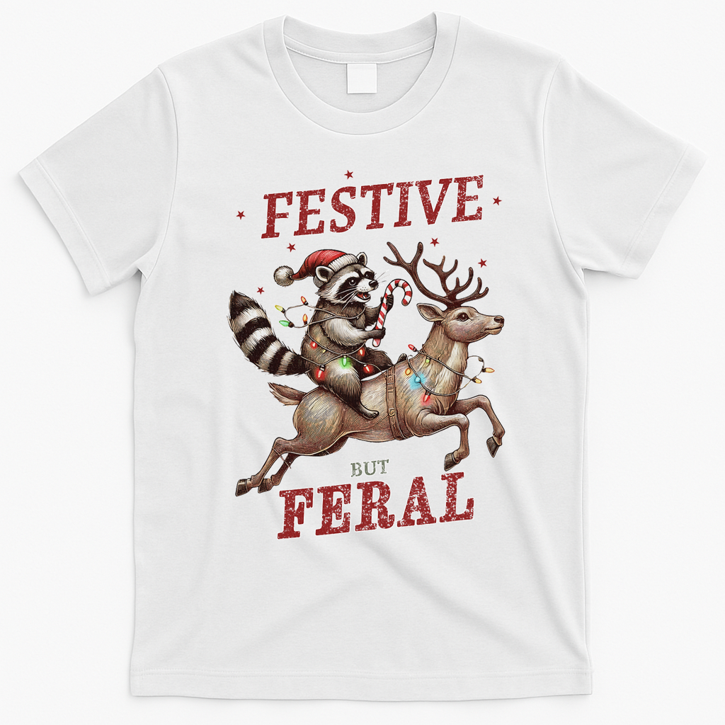 Festive But Feral Funny Christmas Raccoon Xmas Holiday T-Shirt - White
