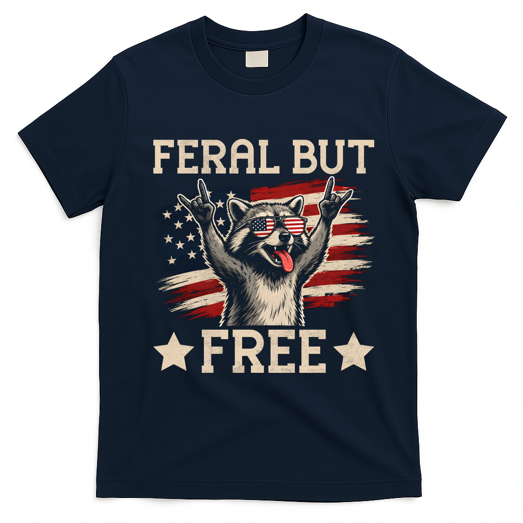 Feral But Free Raccoon USA Freedom America T-Shirt - Navy Blue
