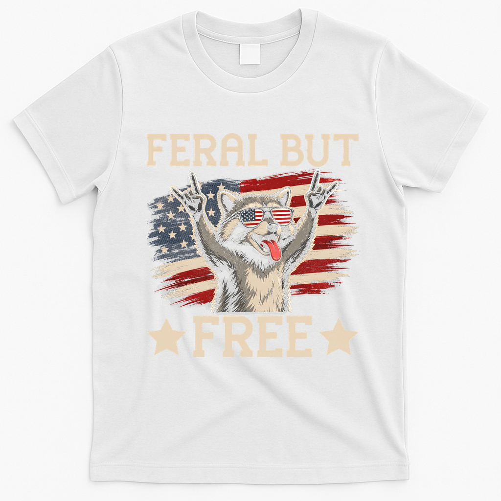 Feral But Free Raccoon USA Freedom America T-Shirt - White