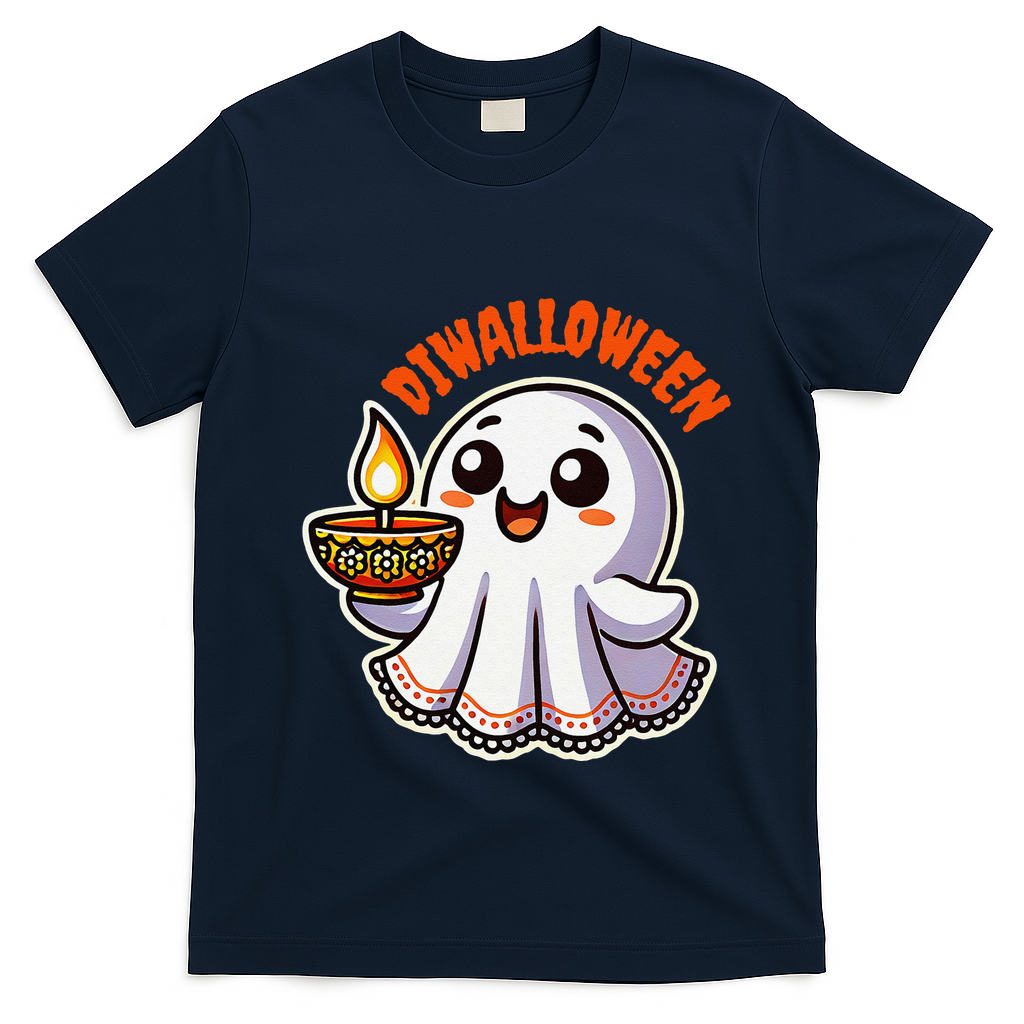 Fun Boo Ghost Lantern Diwali Deepavali Halloween Diwalloween T-Shirt - Navy Blue